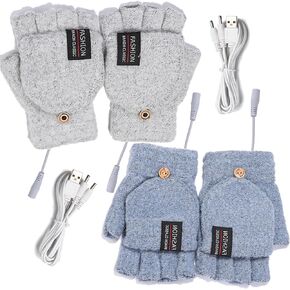 2 Pairs USB Heated Gloves for Women & Men,Winter Warm Heating Mitten, Full & Half Hands Heating Fingerless with Button Knitting Hands Warmer Washable Design,Hands Warm Laptop Typing Gloves for Gift