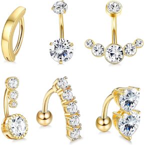 SAILIMUE 6 قطع من حلقات زر البطن الجراحية من الفولاذ للنساء 14 جرام حلقة البطن CZ عكس حلقة السرة المتدلية حزمة مجوهرات ثقب البطن in Kuwait