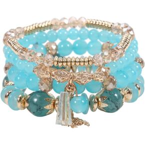Bohemian Stackable Bracelets for Women Girls Gold Beaded Stretch Charm Bracelets Set Crystal Elastic Multilayer Colorful Charm Bangles Bracelets Summer Beach Multicolor Statement Jewelry
