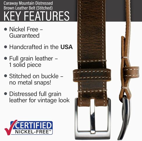 Caraway Mountain Distressed Brown Leather Belt - USA Made Genuine Full Grain Leather Certified Nickel Free Buckle in Saudi Arabia