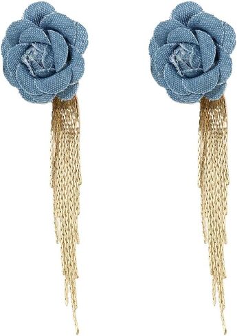 Boho Denim Camellia Flower Tassel Dangle Earrings for Women Girls Jeans Fabric Cloth Blue Floral Studs Gold Plated Long Chain Drop Dangling Statement Earring Fashion Jewelry Gifts in Saudi Arabia