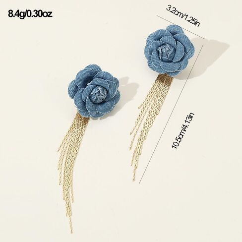 Boho Denim Camellia Flower Tassel Dangle Earrings for Women Girls Jeans Fabric Cloth Blue Floral Studs Gold Plated Long Chain Drop Dangling Statement Earring Fashion Jewelry Gifts in Saudi Arabia