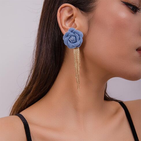 Boho Denim Camellia Flower Tassel Dangle Earrings for Women Girls Jeans Fabric Cloth Blue Floral Studs Gold Plated Long Chain Drop Dangling Statement Earring Fashion Jewelry Gifts in Saudi Arabia