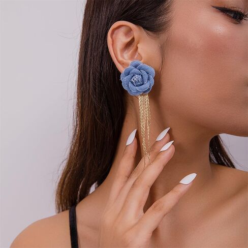 Boho Denim Camellia Flower Tassel Dangle Earrings for Women Girls Jeans Fabric Cloth Blue Floral Studs Gold Plated Long Chain Drop Dangling Statement Earring Fashion Jewelry Gifts in Saudi Arabia