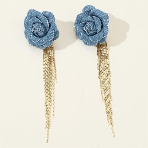 Boho Denim Camellia Flower Tassel Dangle Earrings for Women Girls Jeans Fabric Cloth Blue Floral Studs Gold Plated Long Chain Drop Dangling Statement Earring Fashion Jewelry Gifts in Saudi Arabia