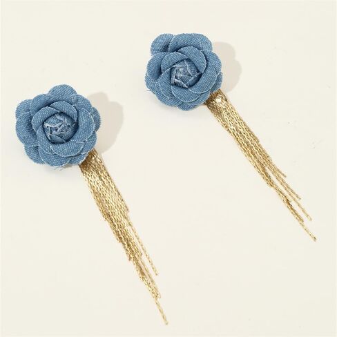 Boho Denim Camellia Flower Tassel Dangle Earrings for Women Girls Jeans Fabric Cloth Blue Floral Studs Gold Plated Long Chain Drop Dangling Statement Earring Fashion Jewelry Gifts in Saudi Arabia