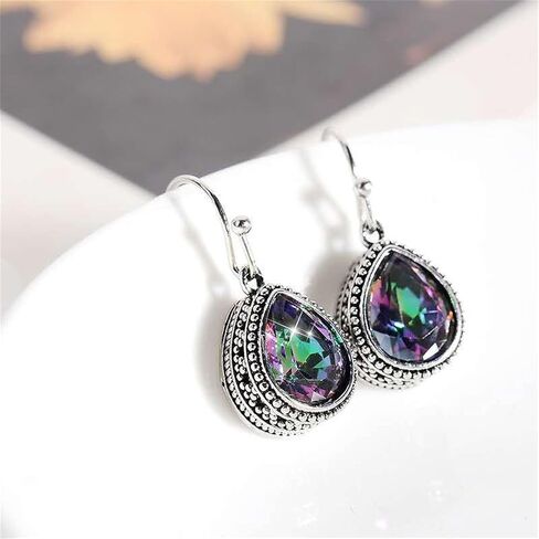 coadipress Vintage Crystal Teardrop Earrings for Women Girls Fashion Bohemian Retro Colorful Natural Gemstone Drop Dangle Earrings Sparkly Jewelry Gift in Saudi Arabia