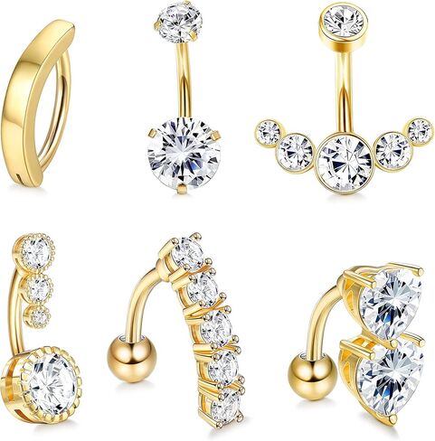 SAILIMUE 6 قطع من حلقات زر البطن الجراحية من الفولاذ للنساء 14 جرام حلقة البطن CZ عكس حلقة السرة المتدلية حزمة مجوهرات ثقب البطن in Kuwait