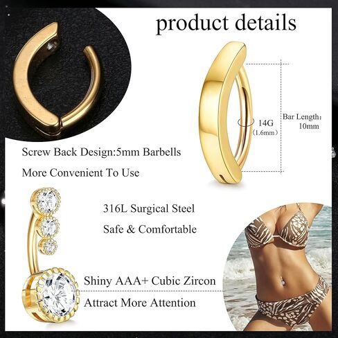 SAILIMUE 6 قطع من حلقات زر البطن الجراحية من الفولاذ للنساء 14 جرام حلقة البطن CZ عكس حلقة السرة المتدلية حزمة مجوهرات ثقب البطن in Kuwait
