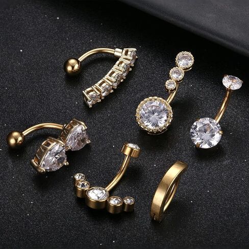 SAILIMUE 6 قطع من حلقات زر البطن الجراحية من الفولاذ للنساء 14 جرام حلقة البطن CZ عكس حلقة السرة المتدلية حزمة مجوهرات ثقب البطن in Kuwait