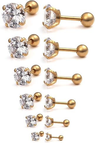 Ruifan 16G Stainless Steel Cubic Zirconia Tragus Earrings For Women Helix Earring Stud Body Jewelry Piercing Set 3-8mm 6Pairs in Saudi Arabia