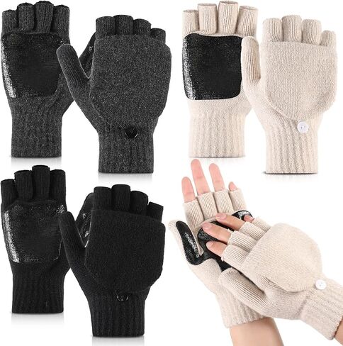 JaGely Winter Knitted Convertible Fingerless Gloves,3 Pairs Convertible Fingerless Gloves Knit Flip Fingerless Gloves Warm Fingerless Gloves Men Women for Cold Weather in Saudi Arabia