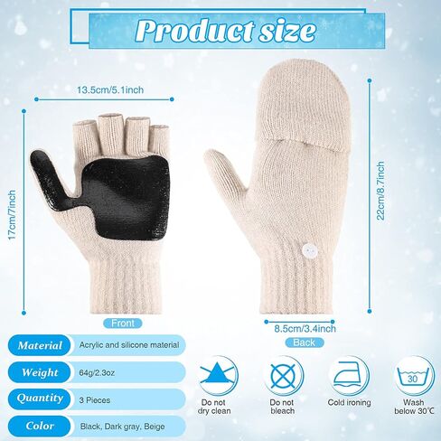 JaGely Winter Knitted Convertible Fingerless Gloves,3 Pairs Convertible Fingerless Gloves Knit Flip Fingerless Gloves Warm Fingerless Gloves Men Women for Cold Weather in Saudi Arabia
