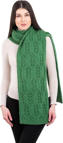 SAOL Aran Fisherman Leaf Scarf for Women, Irish Traditional Merino Wool Muffler Ladies Made in Ireland in Saudi Arabia