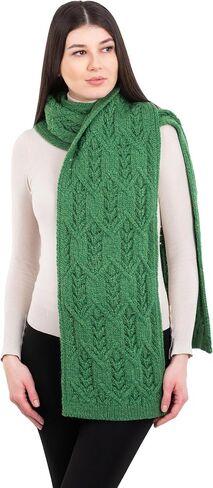 SAOL Aran Fisherman Leaf Scarf for Women, Irish Traditional Merino Wool Muffler Ladies Made in Ireland in Saudi Arabia