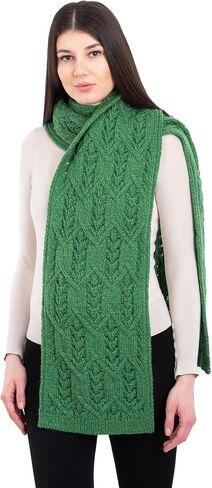 SAOL Aran Fisherman Leaf Scarf for Women, Irish Traditional Merino Wool Muffler Ladies Made in Ireland in Saudi Arabia