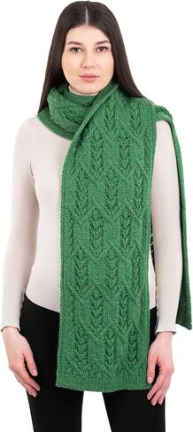 SAOL Aran Fisherman Leaf Scarf for Women, Irish Traditional Merino Wool Muffler Ladies Made in Ireland in Saudi Arabia
