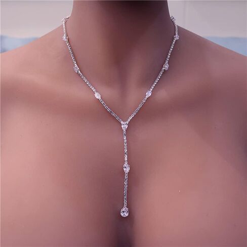 Xerling Rhinestones Tennis Chain Necklaces for Women Bling Crystal Zircon Pendant Choker Necklaces for Wedding Prom Dainty Statement Y-Necklaces for Brides in Saudi Arabia