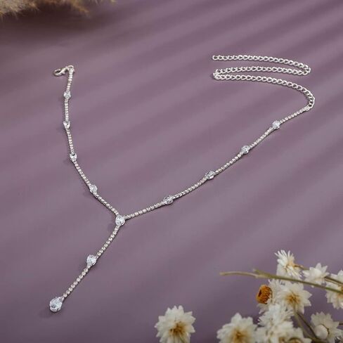 Xerling Rhinestones Tennis Chain Necklaces for Women Bling Crystal Zircon Pendant Choker Necklaces for Wedding Prom Dainty Statement Y-Necklaces for Brides in Saudi Arabia