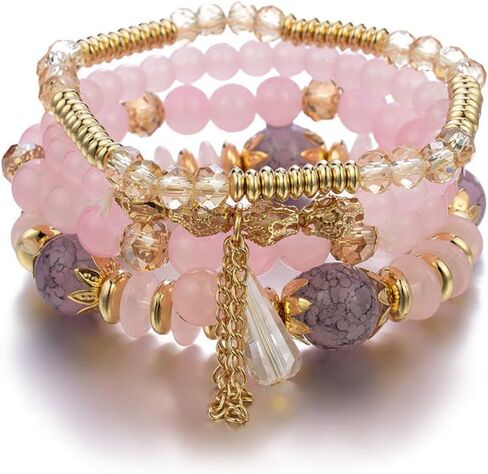 Bohemian Stackable Bracelets for Women Girls Gold Beaded Stretch Charm Bracelets Set Crystal Elastic Multilayer Colorful Charm Bangles Bracelets Summer Beach Multicolor Statement Jewelry in Saudi Arabia