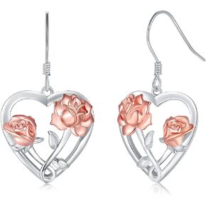 Rose Heart Earrings Jewelry for Women - 925 Sterling Silver Rose Flower Heart Shape Dangle Earring for Women, Romantic I Love You with Heart Flower Dangling Earrings Jewelry Gifts for Girls in Saudi Arabia