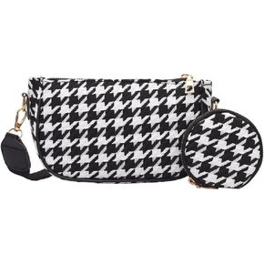Suillty Women Vintage Houndstooth Printing Clutch Shoulder Bags with Mini Round Purse Pendant Lady Small Crossbody Handbag