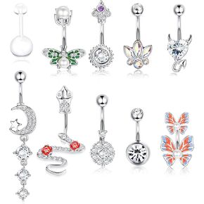 Subiceto 10Pcs Surgical Steel Belly Button Rings for Women Gold Plated Dangle Belly Piercing Dangling Cute Cz Snake Butterfly Navel Rings Pack in Kuwait