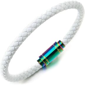 COOLSTEELANDBEYOND Thin White Braided Genuine Leather Bangle Bracelet for Men Women, Rainbow Oxidized Magnetic Clasp in Saudi Arabia