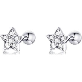 BISAER 925 Sterling Silver Tiny Butterfly Heart Star Earrings With Screw Back Cubic Zirconia Stud Earrings for Women Cartilage Jewelry