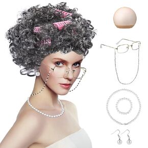 شعر مستعار للسيدات العجوز من Tibeha، مجموعة شعر مستعار لأطفال المدارس لمدة 100 يوم مع بكرات شعر ونظارات (8 قطع) in Kuwait