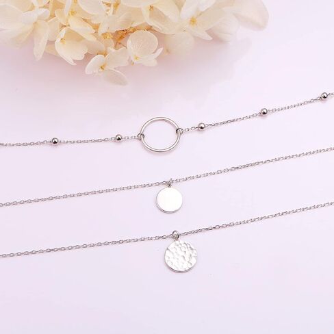 قلادة FLYOW متعددة الطبقات من الفضة الإسترليني S925 ثلاثية الطبقات وسلسلة طويلة وقلادة أنيقة للنساء in Kuwait