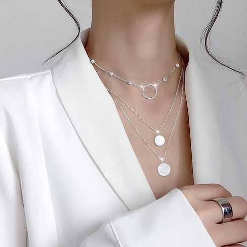قلادة FLYOW متعددة الطبقات من الفضة الإسترليني S925 ثلاثية الطبقات وسلسلة طويلة وقلادة أنيقة للنساء in Kuwait