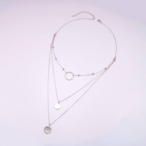قلادة FLYOW متعددة الطبقات من الفضة الإسترليني S925 ثلاثية الطبقات وسلسلة طويلة وقلادة أنيقة للنساء in Kuwait