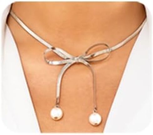 Jumwrit Boho Bow Choker Necklace Pearl Pendant Necklace Gold Snake Chain Necklace Dainty Bow Tie Necklace for Women and Girls in Saudi Arabia