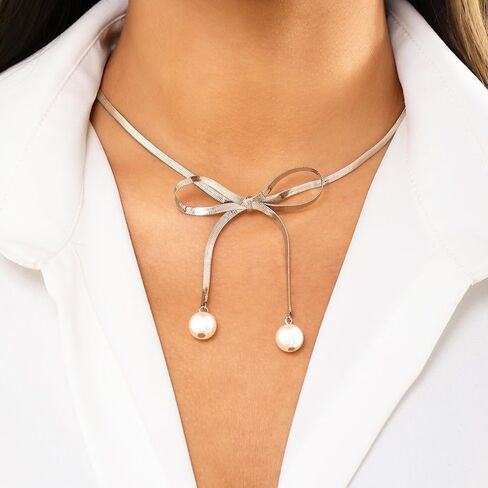 Jumwrit Boho Bow Choker Necklace Pearl Pendant Necklace Gold Snake Chain Necklace Dainty Bow Tie Necklace for Women and Girls in Saudi Arabia