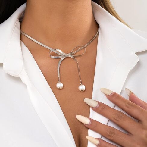 Jumwrit Boho Bow Choker Necklace Pearl Pendant Necklace Gold Snake Chain Necklace Dainty Bow Tie Necklace for Women and Girls in Saudi Arabia
