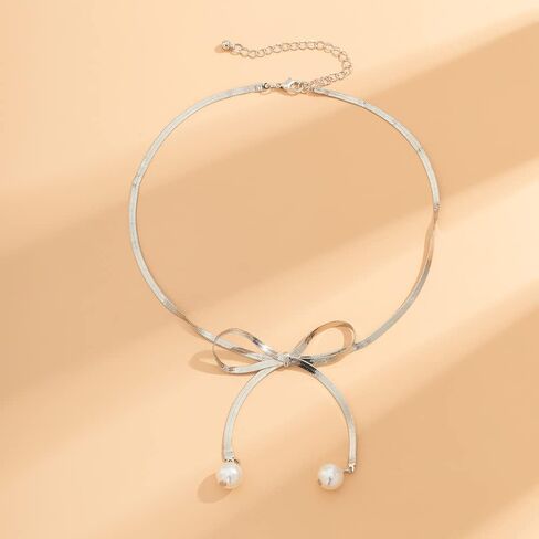 Jumwrit Boho Bow Choker Necklace Pearl Pendant Necklace Gold Snake Chain Necklace Dainty Bow Tie Necklace for Women and Girls in Saudi Arabia