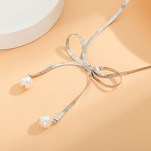 Jumwrit Boho Bow Choker Necklace Pearl Pendant Necklace Gold Snake Chain Necklace Dainty Bow Tie Necklace for Women and Girls in Saudi Arabia