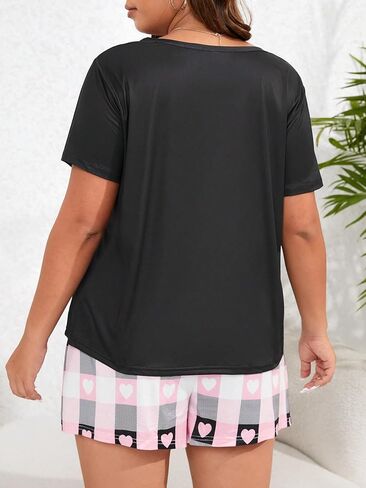 OYOANGLE Women's Plus Size 2 Piece Pajama Set Plaid Print Short Sleeve Tee Top and Shorts Set Sleepwear in Kuwait