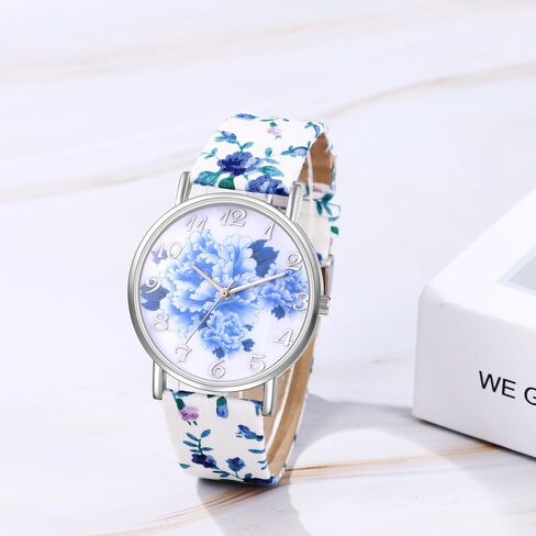 ساعات JewelryWe النسائية المصنوعة من القماش المزين بالزهور: ساعة يد كوارتز تناظرية سهلة القراءة وبسيطة ذات قرص كبير على شكل زهرة in Kuwait