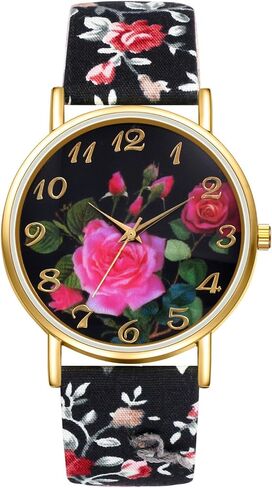 JewelryWe Womens Floral Canvas Watches: Analog Quartz Easy Read Simple Big Dial Flower Wristwatch in Kuwait
