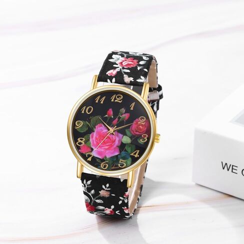 JewelryWe Womens Floral Canvas Watches: Analog Quartz Easy Read Simple Big Dial Flower Wristwatch in Kuwait