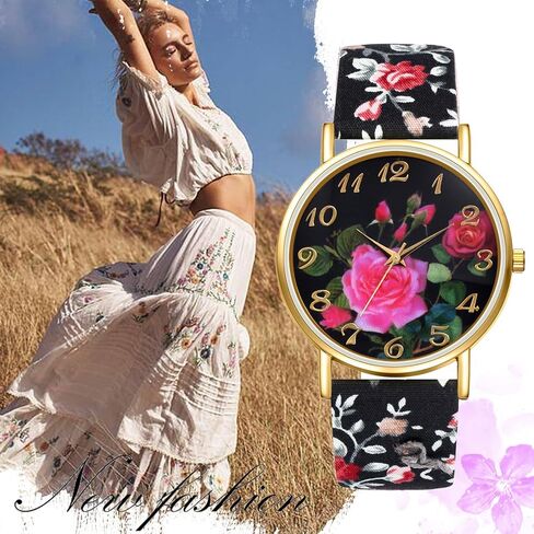 JewelryWe Womens Floral Canvas Watches: Analog Quartz Easy Read Simple Big Dial Flower Wristwatch in Kuwait