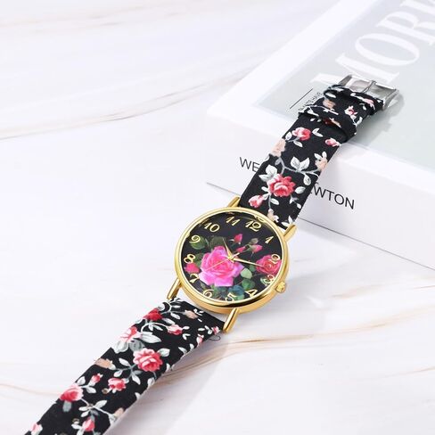 JewelryWe Womens Floral Canvas Watches: Analog Quartz Easy Read Simple Big Dial Flower Wristwatch in Kuwait