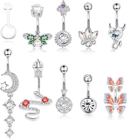 Subiceto 10 قطع من حلقات زر البطن الفولاذية الجراحية للنساء مطلية بالذهب متدلية للبطن متدلية لطيفة على شكل ثعبان تشيكوسلوفاكيا على شكل فراشة السرة in Kuwait