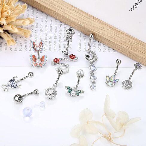 Subiceto 10 قطع من حلقات زر البطن الفولاذية الجراحية للنساء مطلية بالذهب متدلية للبطن متدلية لطيفة على شكل ثعبان تشيكوسلوفاكيا على شكل فراشة السرة in Kuwait