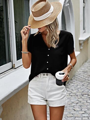 PRETTYGARDEN Short Sleeve Blouses for Women 2024 Summer Western Chiffon Shirts Dressy Casual Pearl Tops in Saudi Arabia