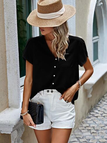 PRETTYGARDEN Short Sleeve Blouses for Women 2024 Summer Western Chiffon Shirts Dressy Casual Pearl Tops in Saudi Arabia