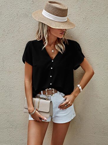 PRETTYGARDEN Short Sleeve Blouses for Women 2024 Summer Western Chiffon Shirts Dressy Casual Pearl Tops in Saudi Arabia
