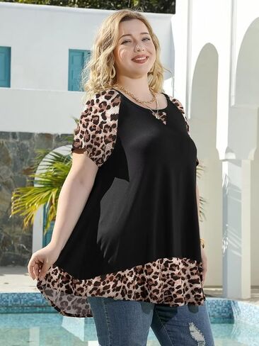 LARACE Plus Size Tops for Womens Summer Short Sleeve Tunic Shirts Crew Neck Leopard Color Block Tee in Saudi Arabia